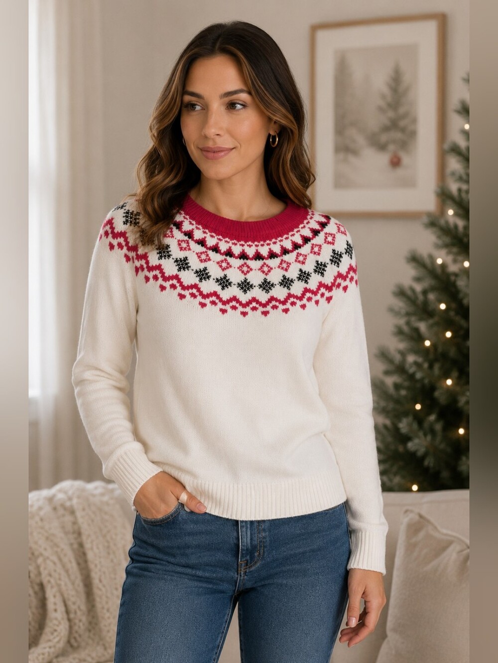 Talbots Cream Fair Isle Yoke Sweater with Pink and Black Accents